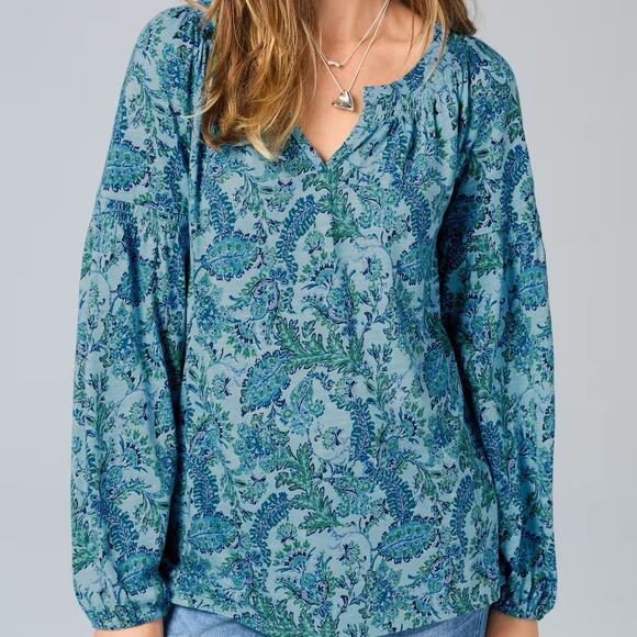 J.Jill $69 XL Blue Lagoon Teal Floral Printed Smocked Cotton Tencel Modal Top - Picture 3 of 11